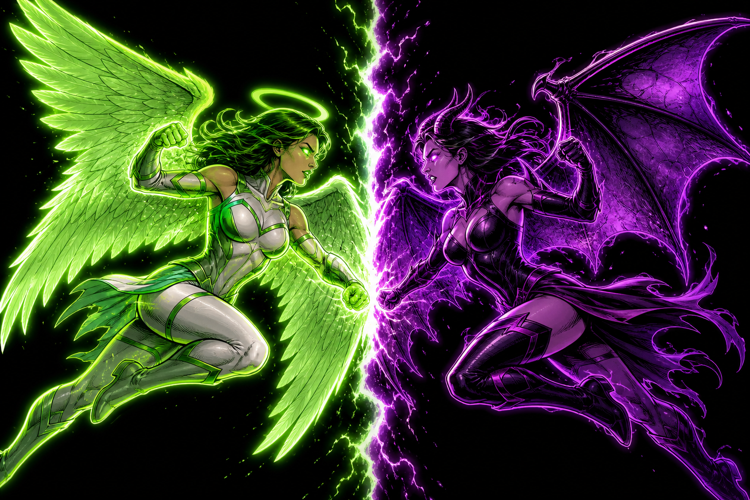 Angel and demon superheroes facing each other
