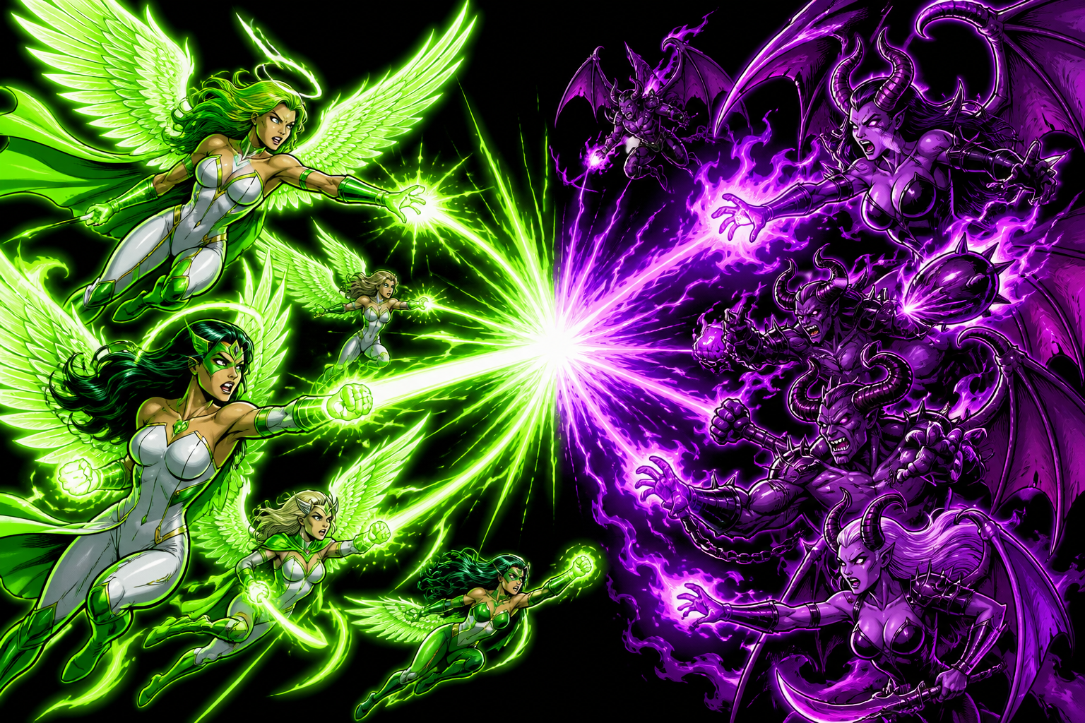 Angels and demons battle — heaven in neon green, hell in neon purple